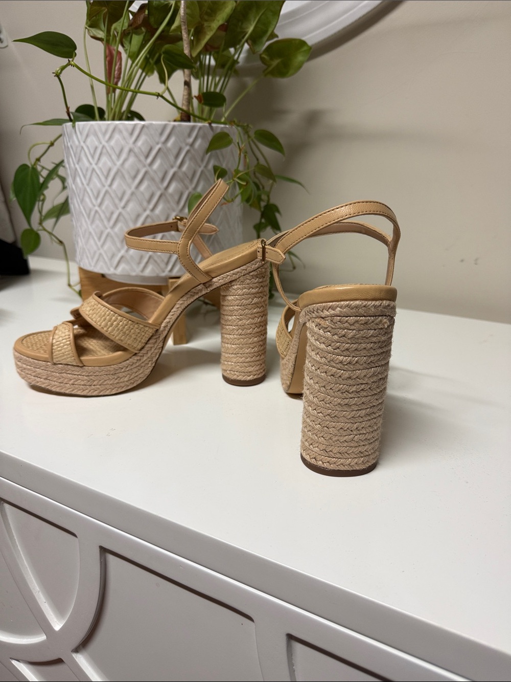 Coach Neutral Tan Braided Platform Block Heel Sandals - Picture 3 of 6